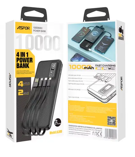 Aspor A300 Built in cable 10000mAh power bank 4 Cables